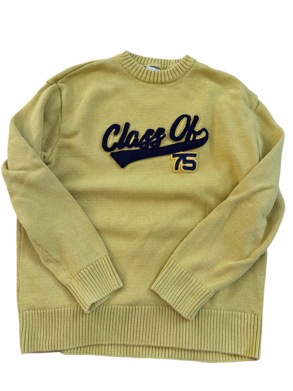 Zara Varsity Knit Sweater, Mustard Yellow, "Class Of 75" Chenille Patch